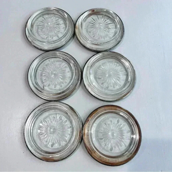 Leonard Crystal Sterling Silver Plated Ring Glass Ashtray/6 Coaster Italy Antiqe - Picture 3 of 5